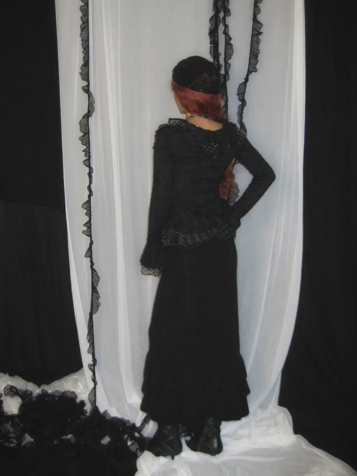 Black Ruffled Knit Cardigan