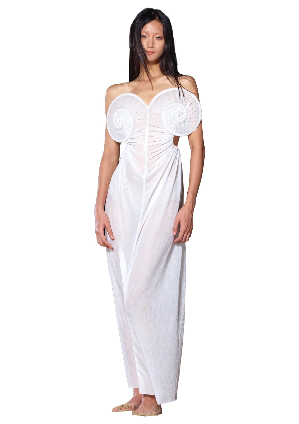 Draped Front Shell Draped Sea Shell Swirl Maxi Gown White Jersey – REBORNE