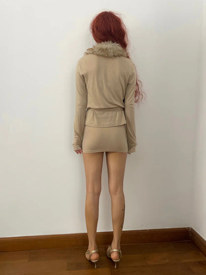 Khaki Fur Collar Cardigan