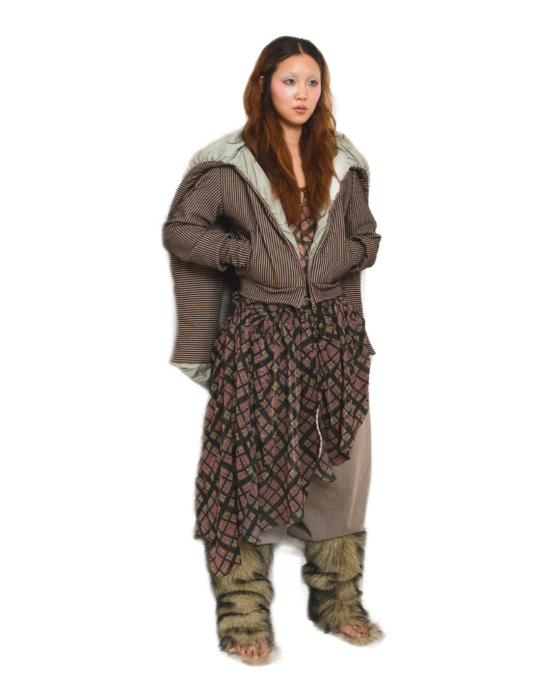 Plaid Puff Chiffon Asymmetrical Dress Purple Plaid