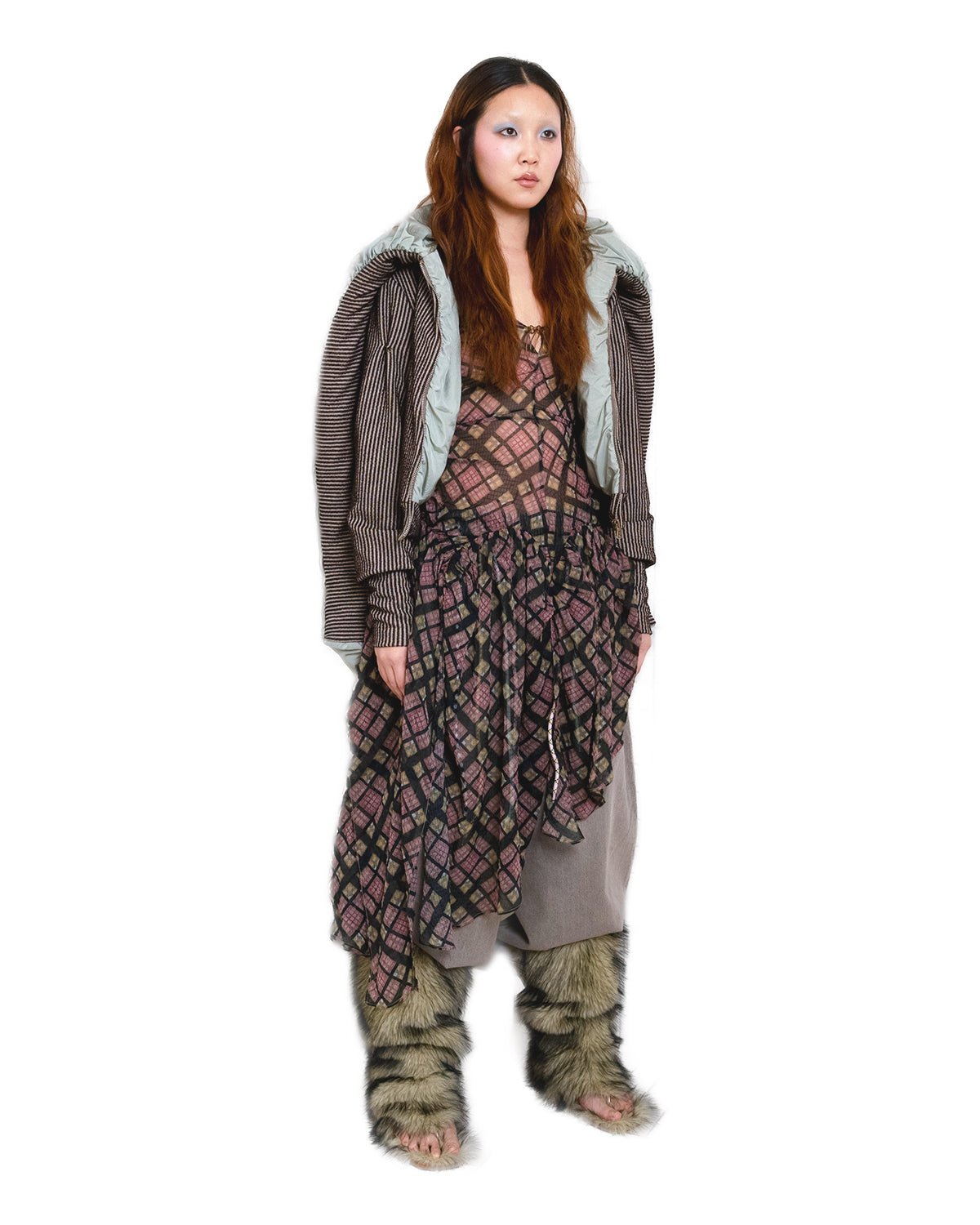 Plaid Puff Chiffon Asymmetrical Dress Purple Plaid