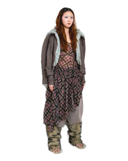 Plaid Puff Chiffon Asymmetrical Dress Purple Plaid