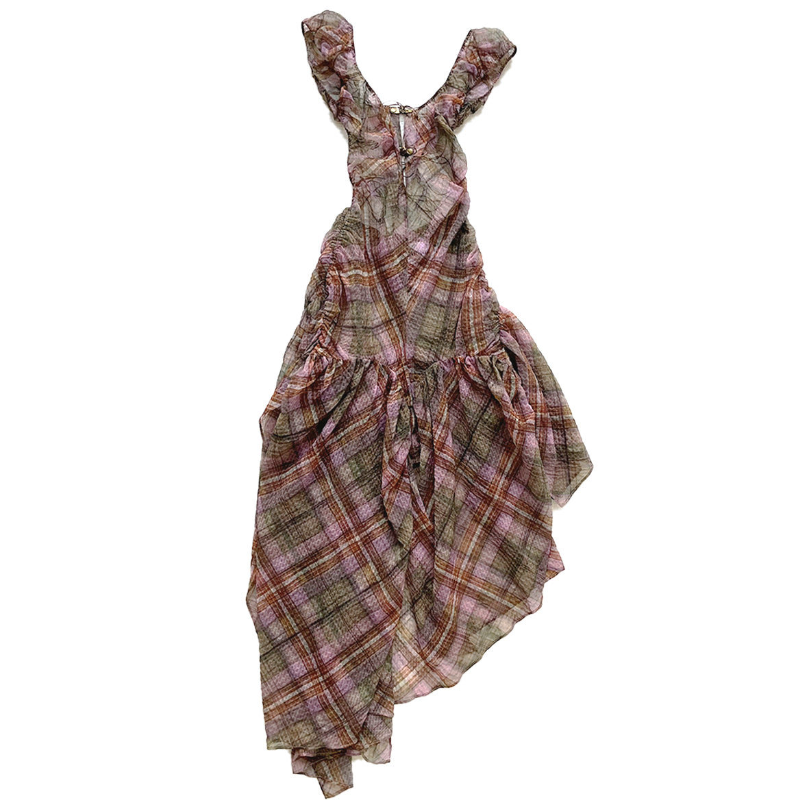 Plaid Puff Chiffon Asymmetrical Dress Earth Tartan