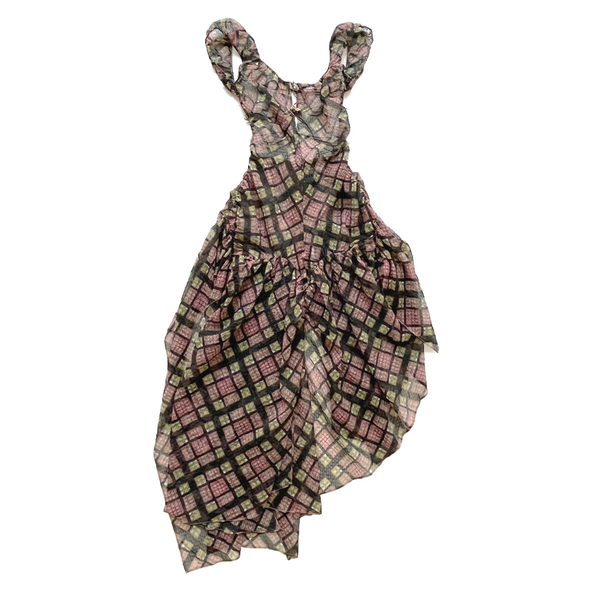 Plaid Puff Chiffon Asymmetrical Dress Purple Plaid
