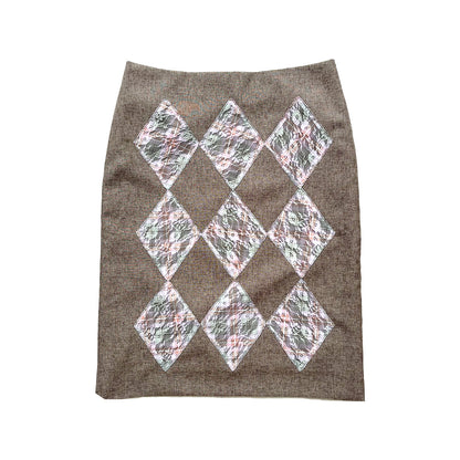 Grey Suiting Pink Plaid Lace Patchwork Midi Skirt