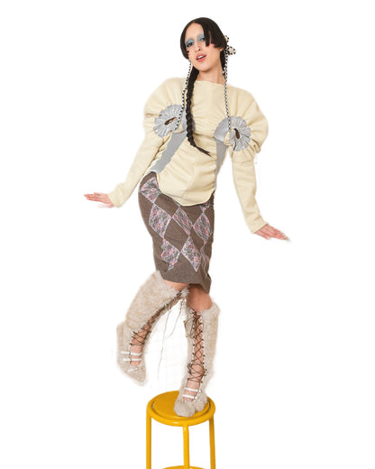 Grey Suiting Pink Plaid Lace Patchwork Midi Skirt