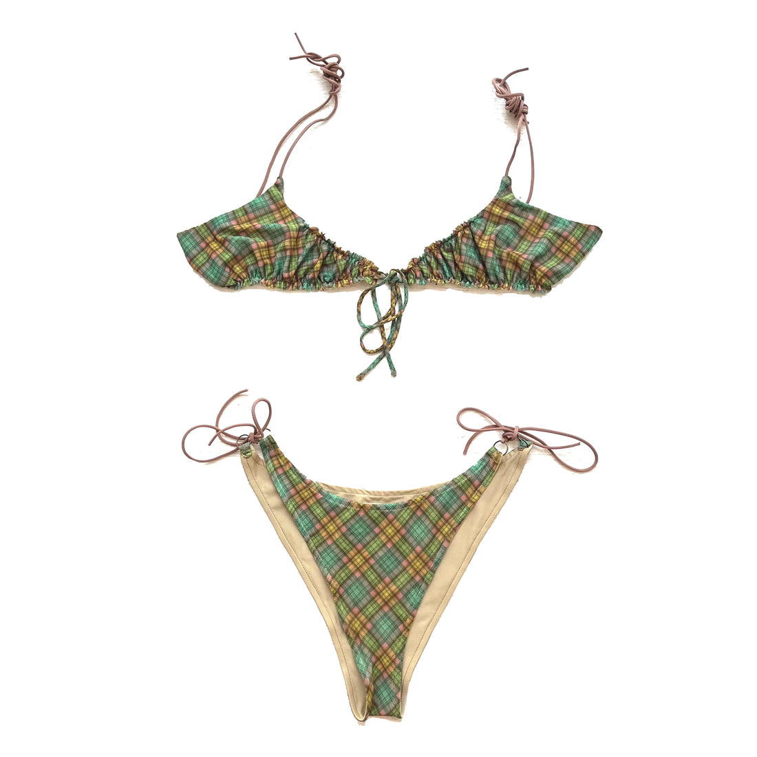 Mesh Plaid Gathered Bowtie Bikini Top Aristo