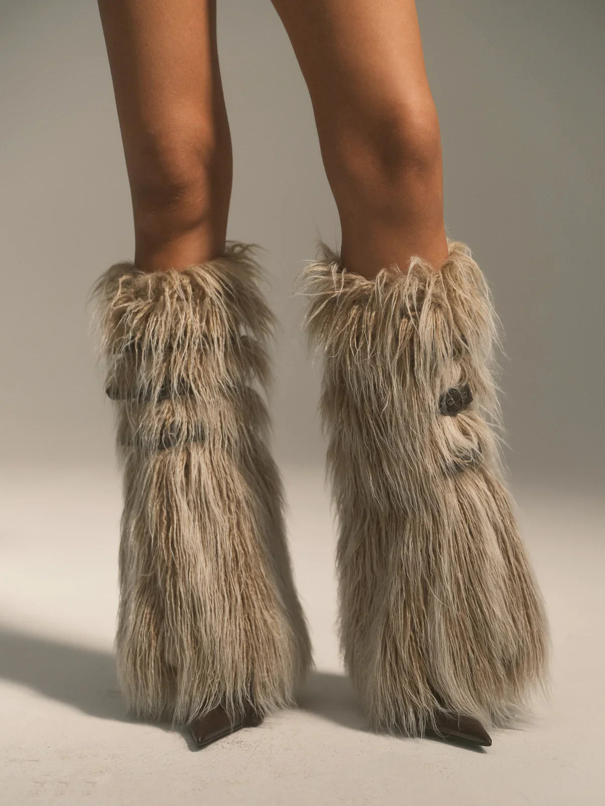 Gradient Brown Buckled Faux Fur Leg Warmers