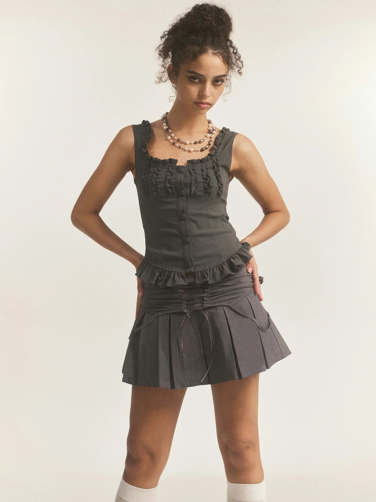 Gray Mesh Lace-up Mini Pleated Skort