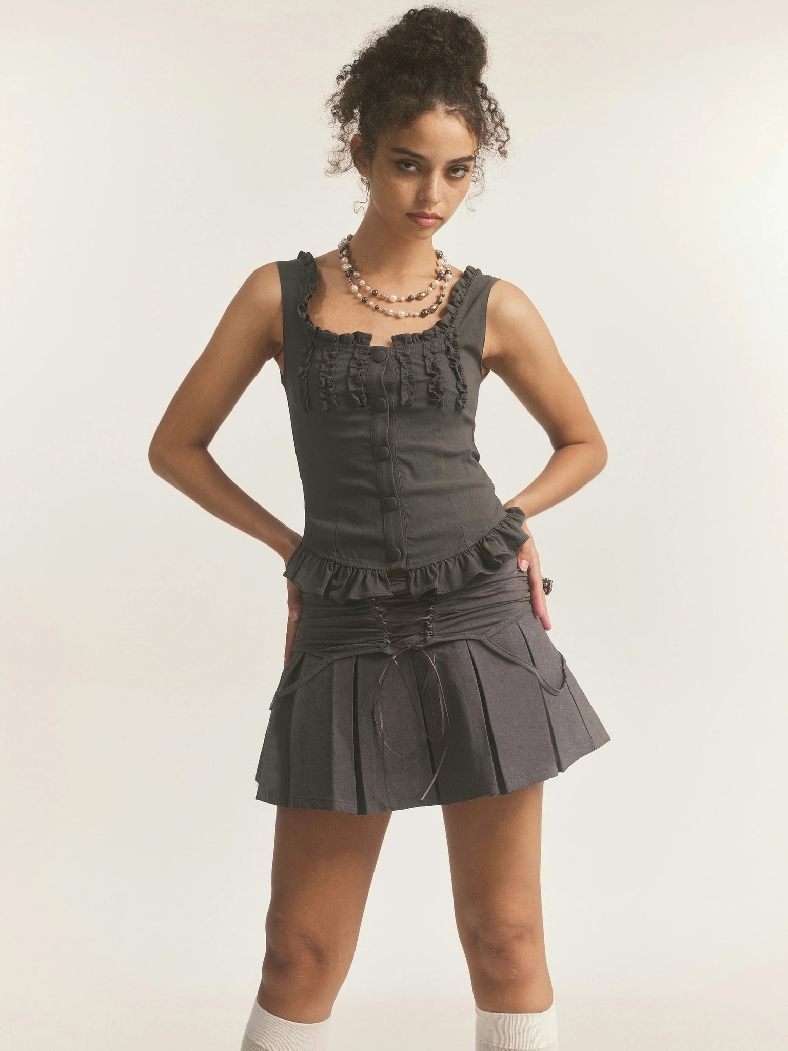 Gray Mesh Lace-up Mini Pleated Skort