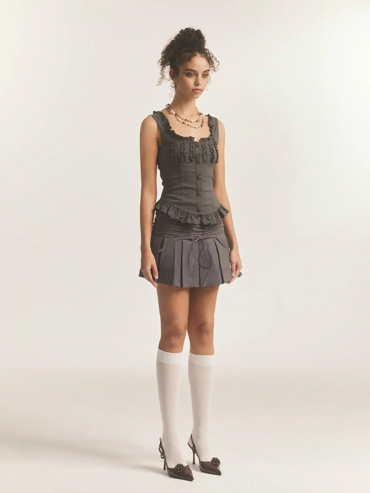 Gray Mesh Lace-up Mini Pleated Skort