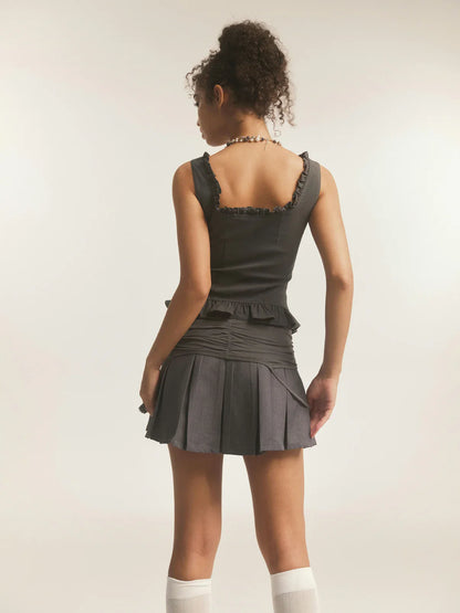 Gray Mesh Lace-up Mini Pleated Skort