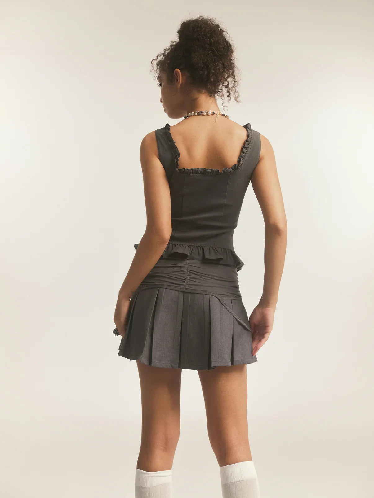 Gray Mesh Lace-up Mini Pleated Skort