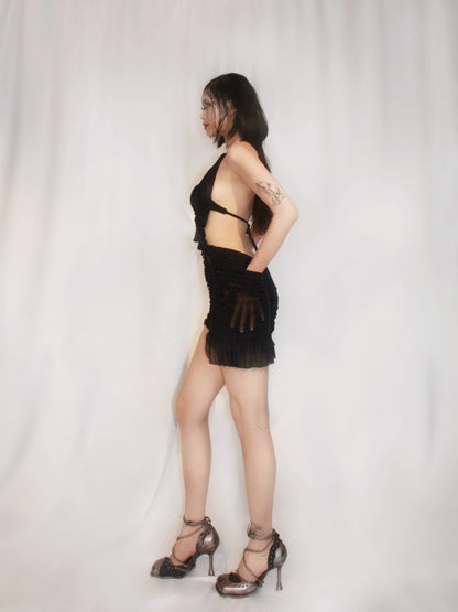 Stretchy draped mini dress with ruffles [3 Colors]
