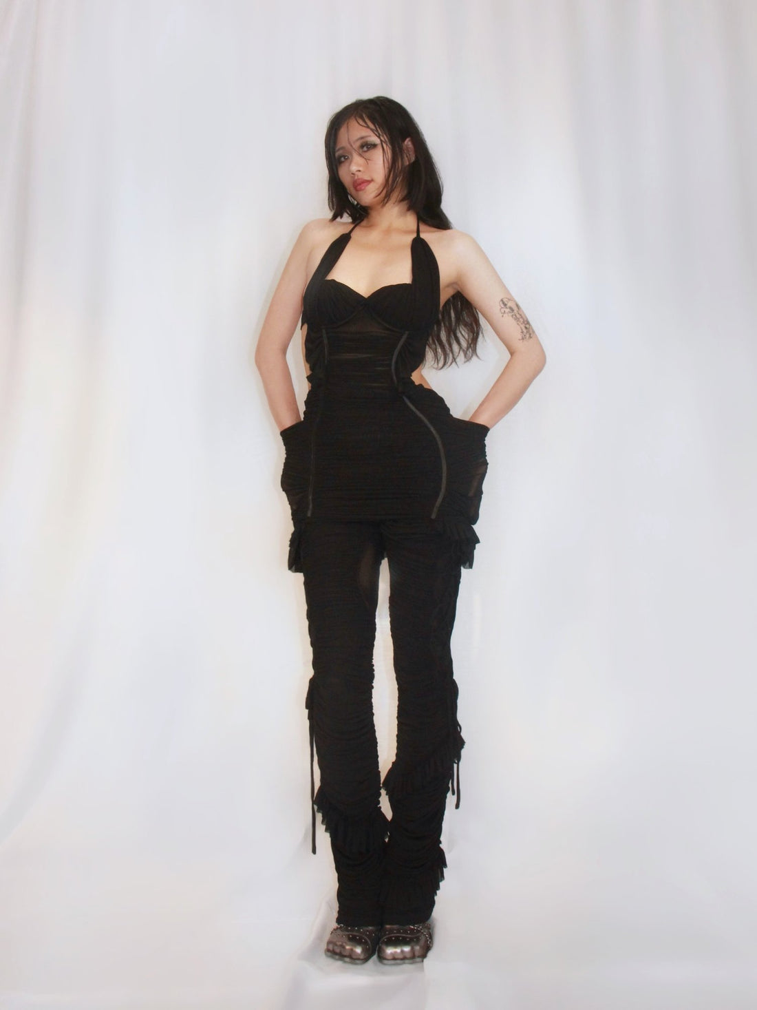 Stretchy draped mini dress with ruffles [3 Colors]