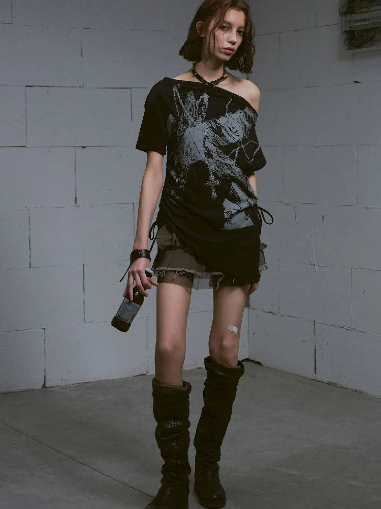 Black Off-Shoulder Ruched T-Shirt
