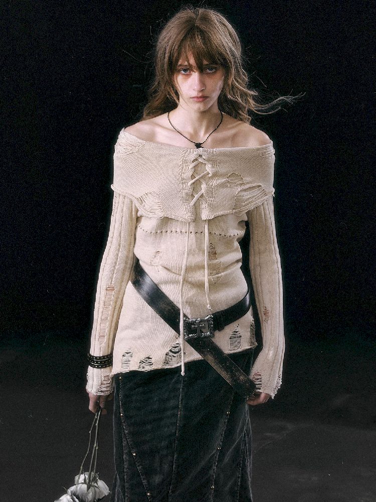 Cream Tie-Front Knit Sweater