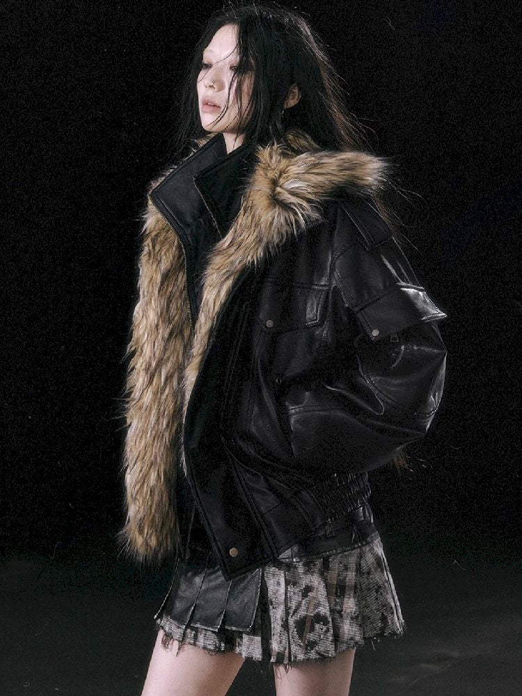 Oversized Fur-Collar Leather Coat