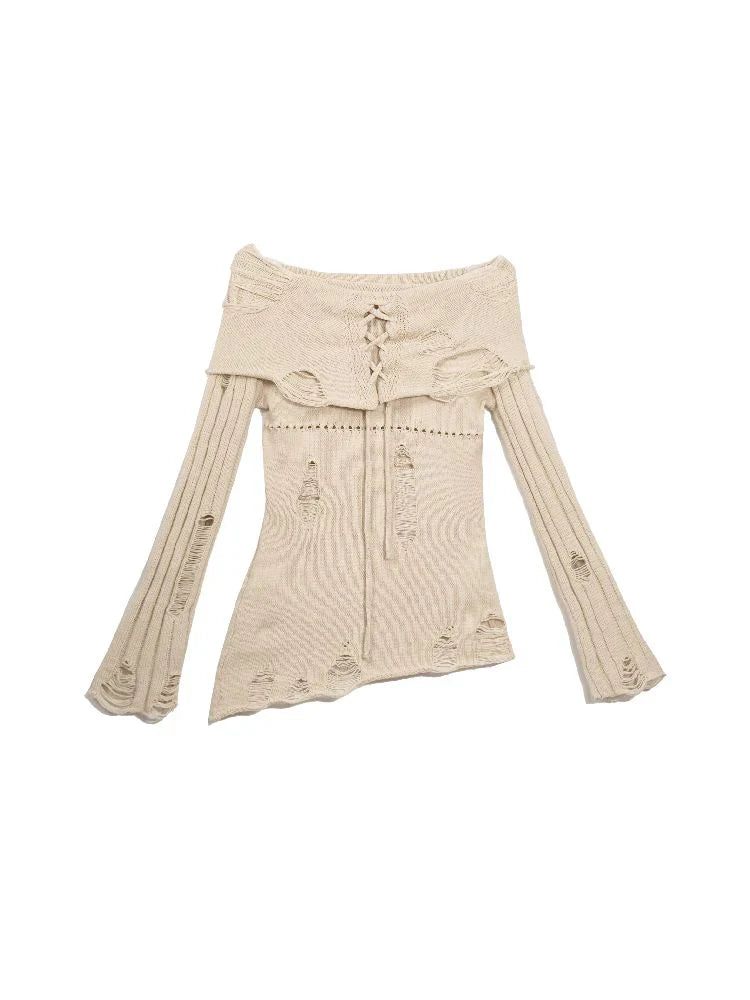 Cream Tie-Front Knit Sweater