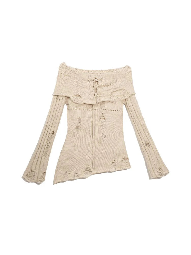 Cream Tie-Front Knit Sweater