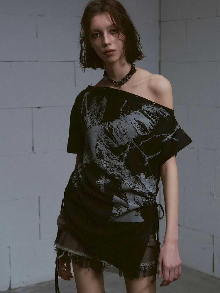 Black Off-Shoulder Ruched T-Shirt