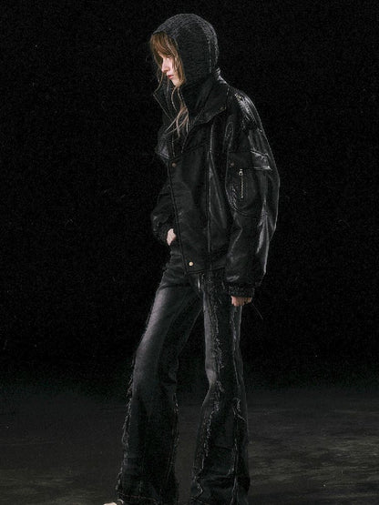 Oversized Fur-Collar Leather Coat