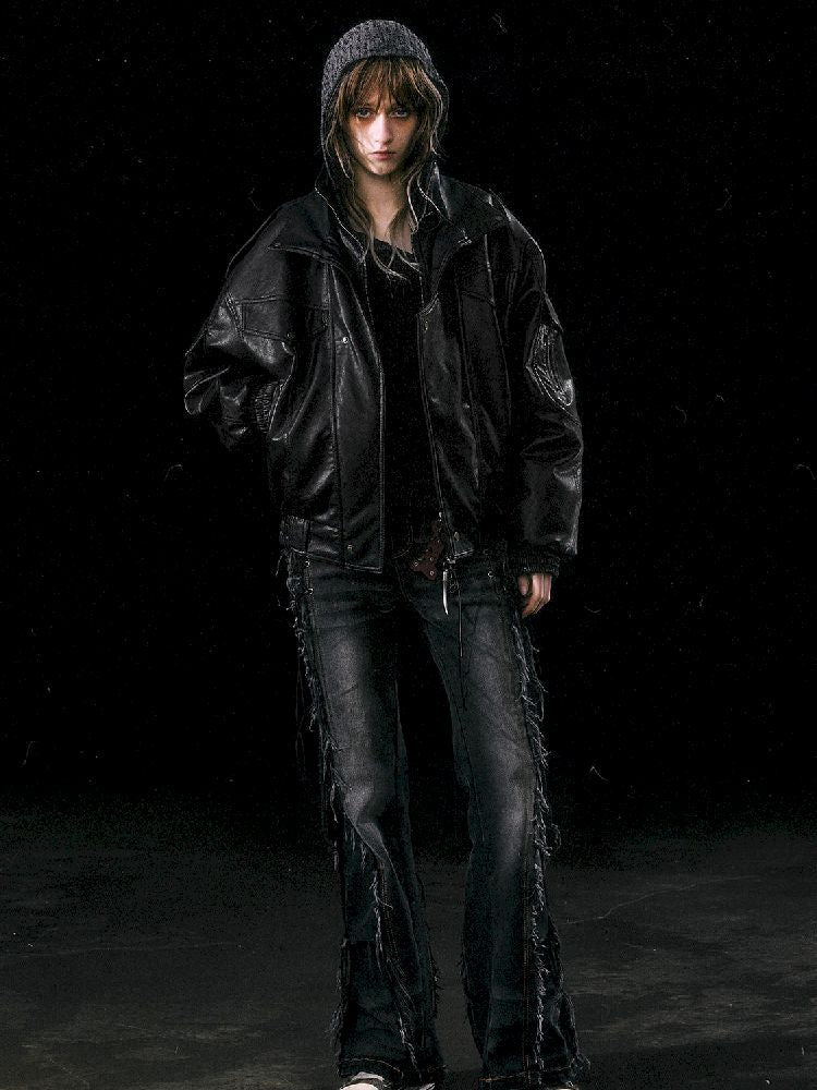 Oversized Fur-Collar Leather Coat