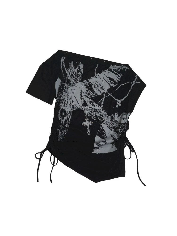 Black Off-Shoulder Ruched T-Shirt