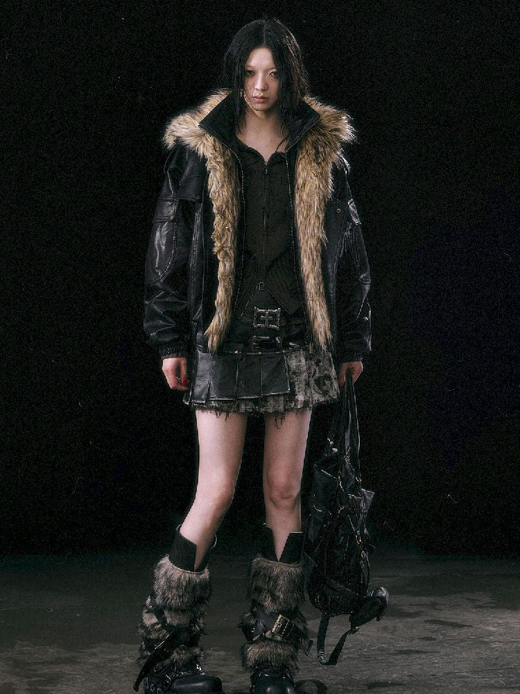 Oversized Fur-Collar Leather Coat