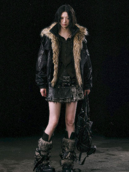 Oversized Fur-Collar Leather Coat