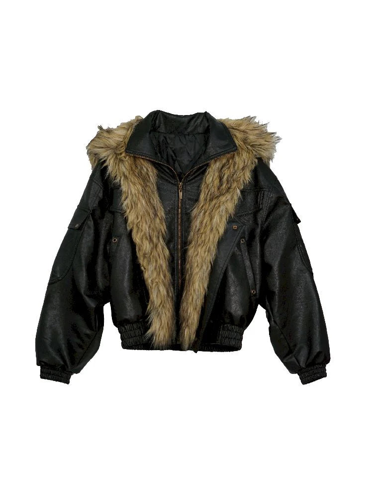Oversized Fur-Collar Leather Coat