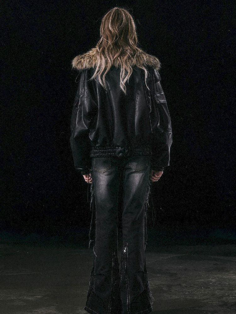 Oversized Fur-Collar Leather Coat