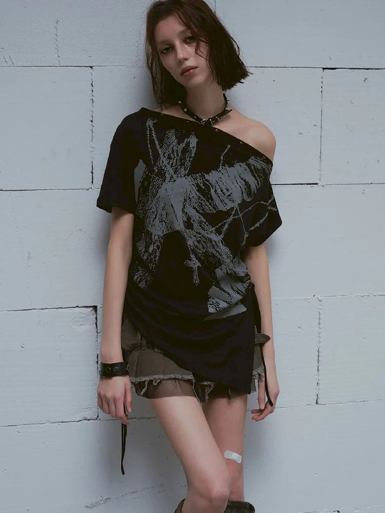 Black Off-Shoulder Ruched T-Shirt