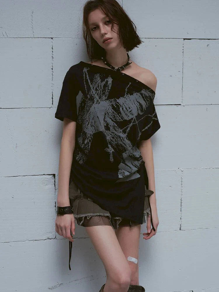 Black Off-Shoulder Ruched T-Shirt