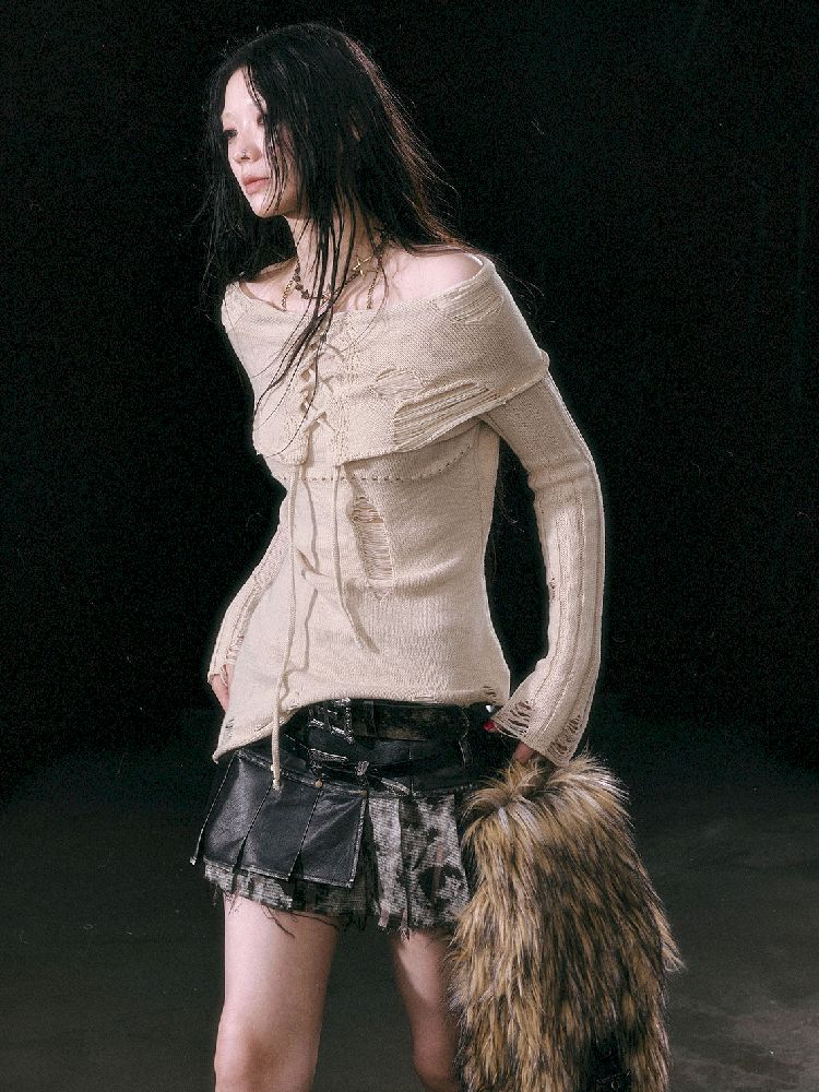 Cream Tie-Front Knit Sweater