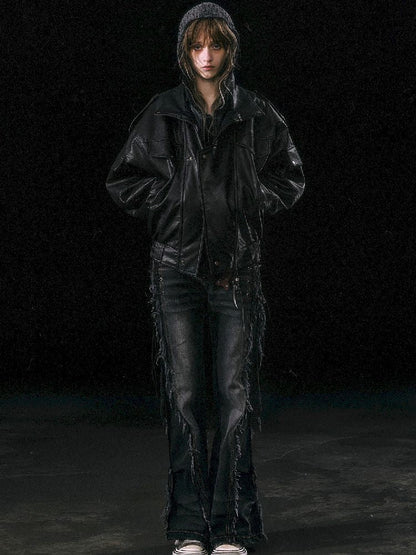Oversized Fur-Collar Leather Coat
