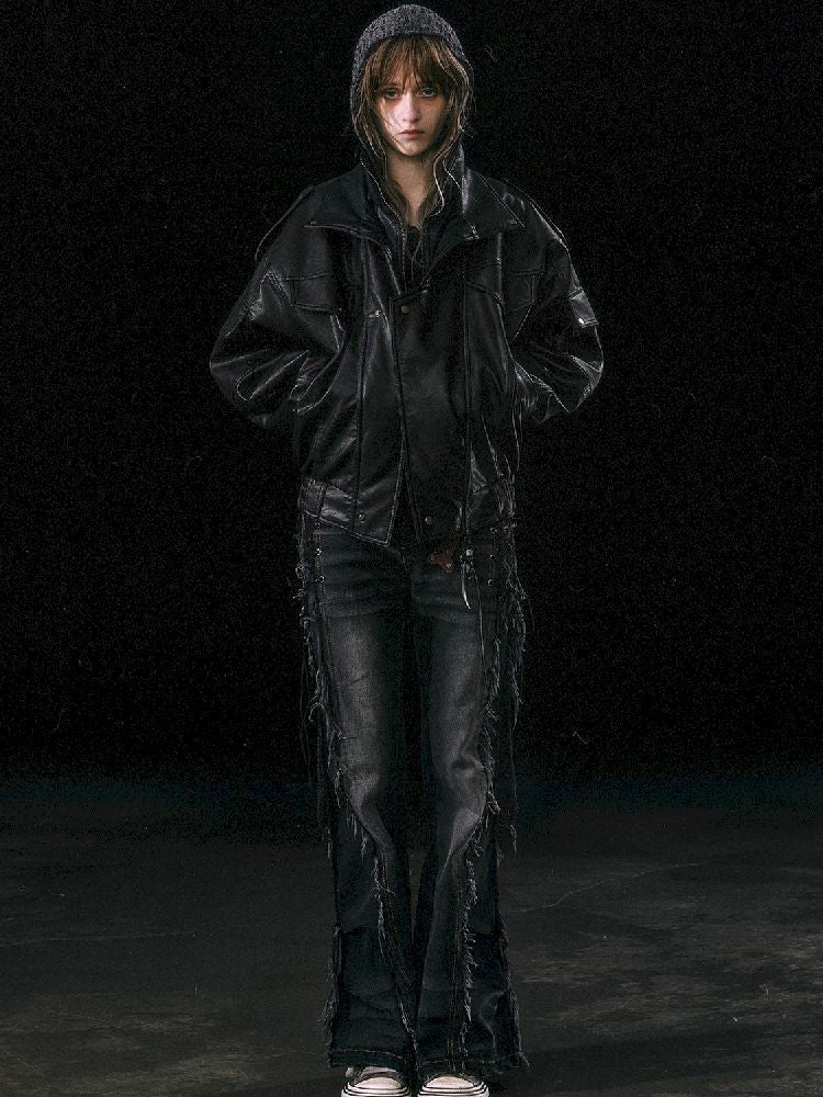 Oversized Fur-Collar Leather Coat
