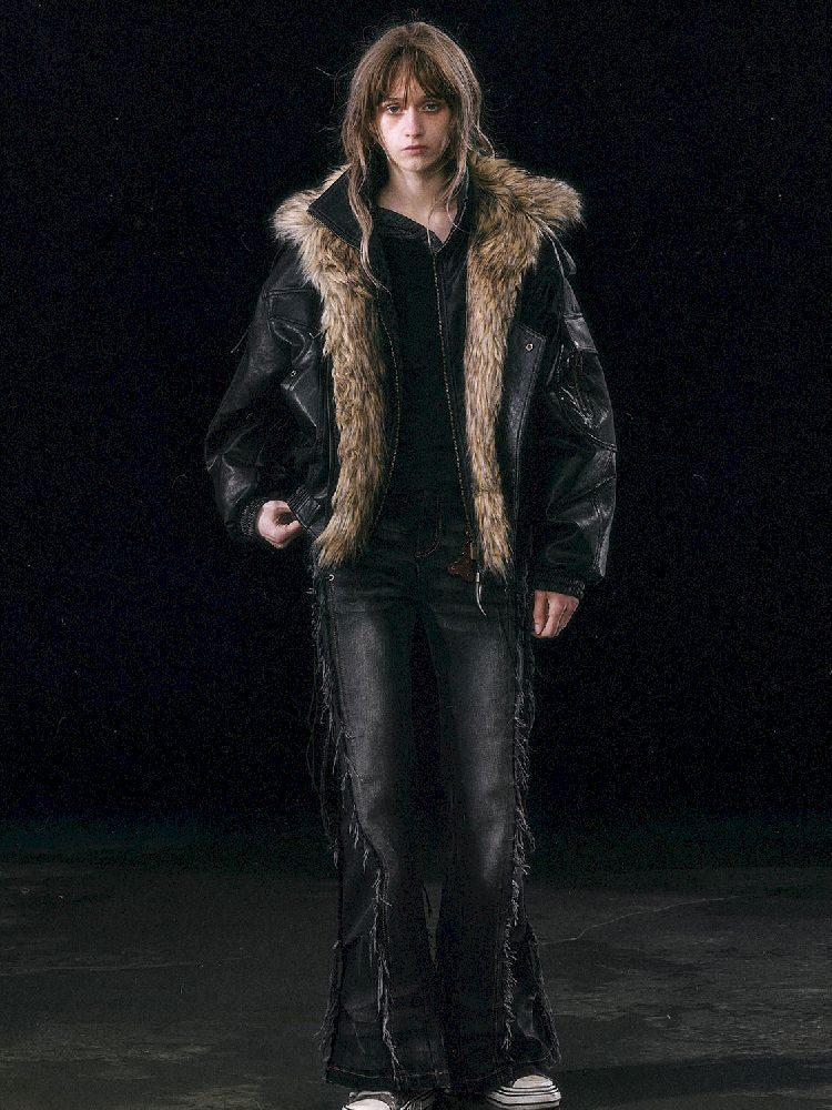 Oversized Fur-Collar Leather Coat