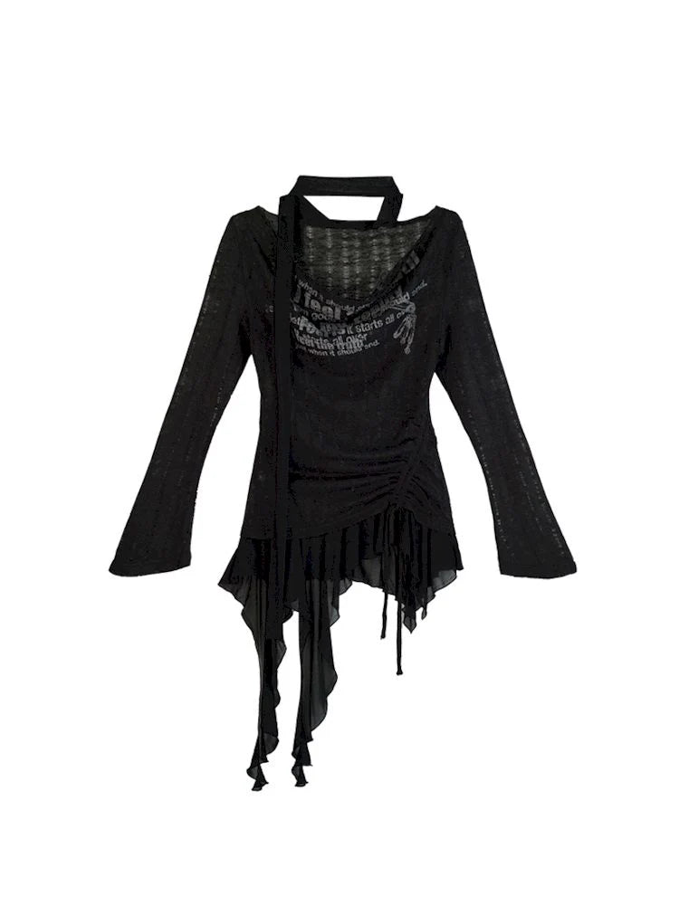 Black Dropped Neckline Graffiti Long Sleeve