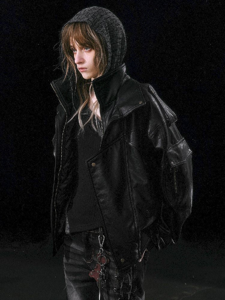 Oversized Fur-Collar Leather Coat