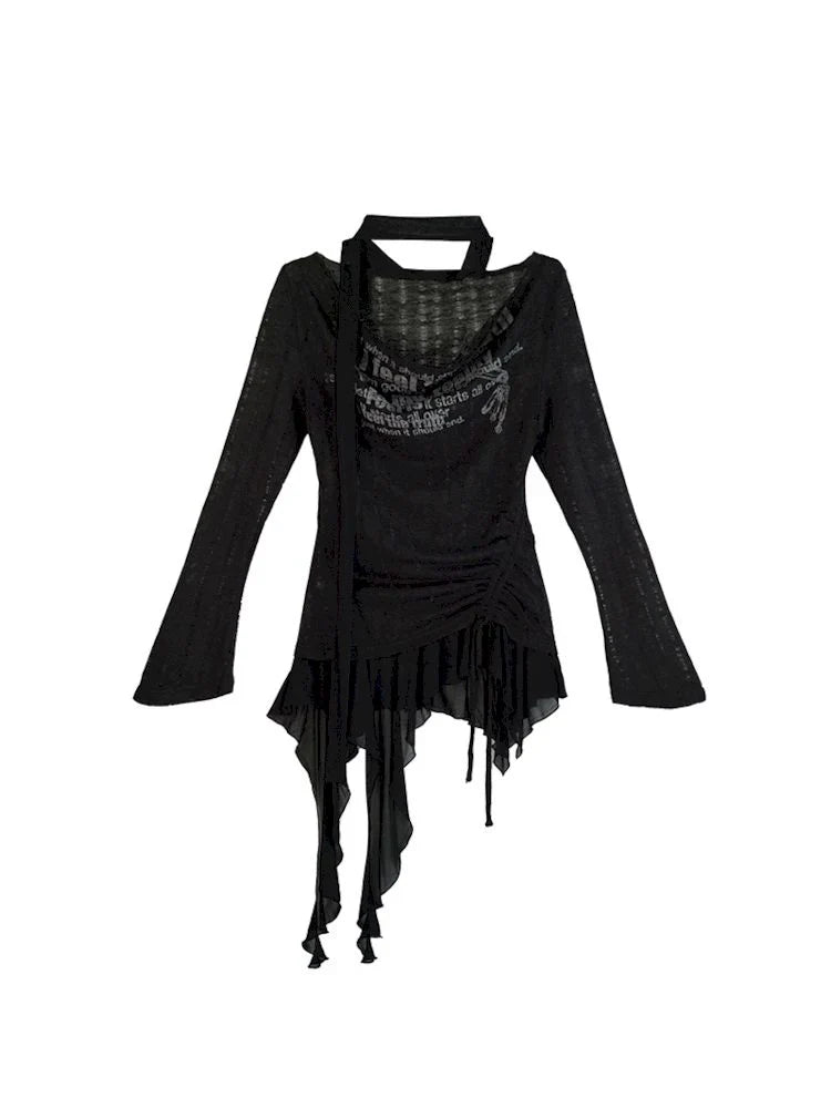 Black Dropped Neckline Graffiti Long Sleeve