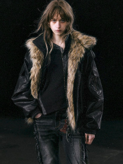 Oversized Fur-Collar Leather Coat
