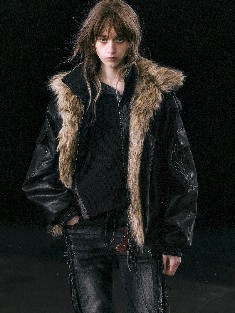 Oversized Fur-Collar Leather Coat