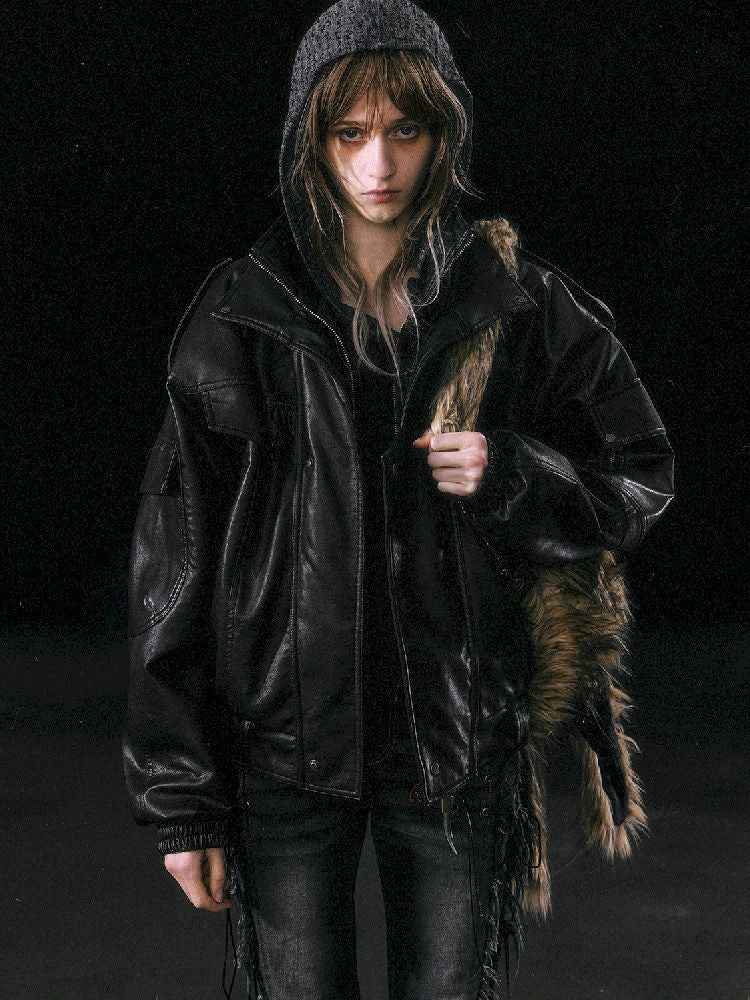 Oversized Fur-Collar Leather Coat