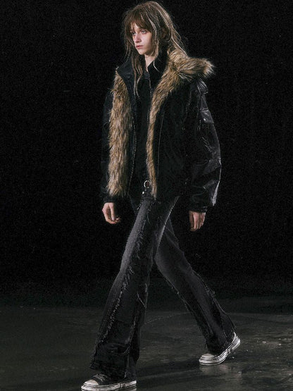 Oversized Fur-Collar Leather Coat