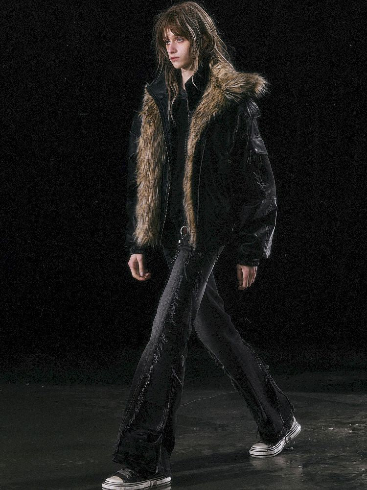 Oversized Fur-Collar Leather Coat