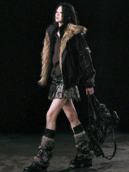 Oversized Fur-Collar Leather Coat