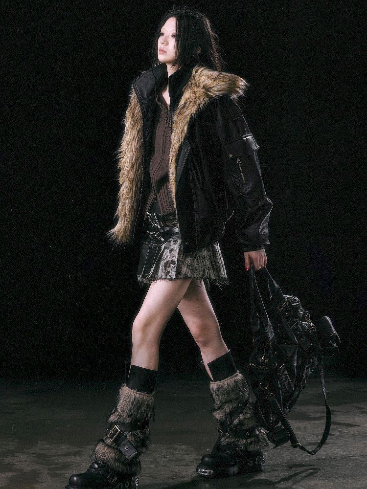 Oversized Fur-Collar Leather Coat