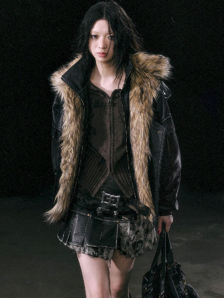 Oversized Fur-Collar Leather Coat