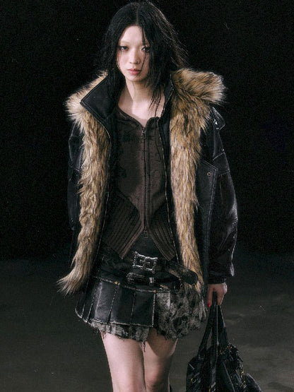 Oversized Fur-Collar Leather Coat